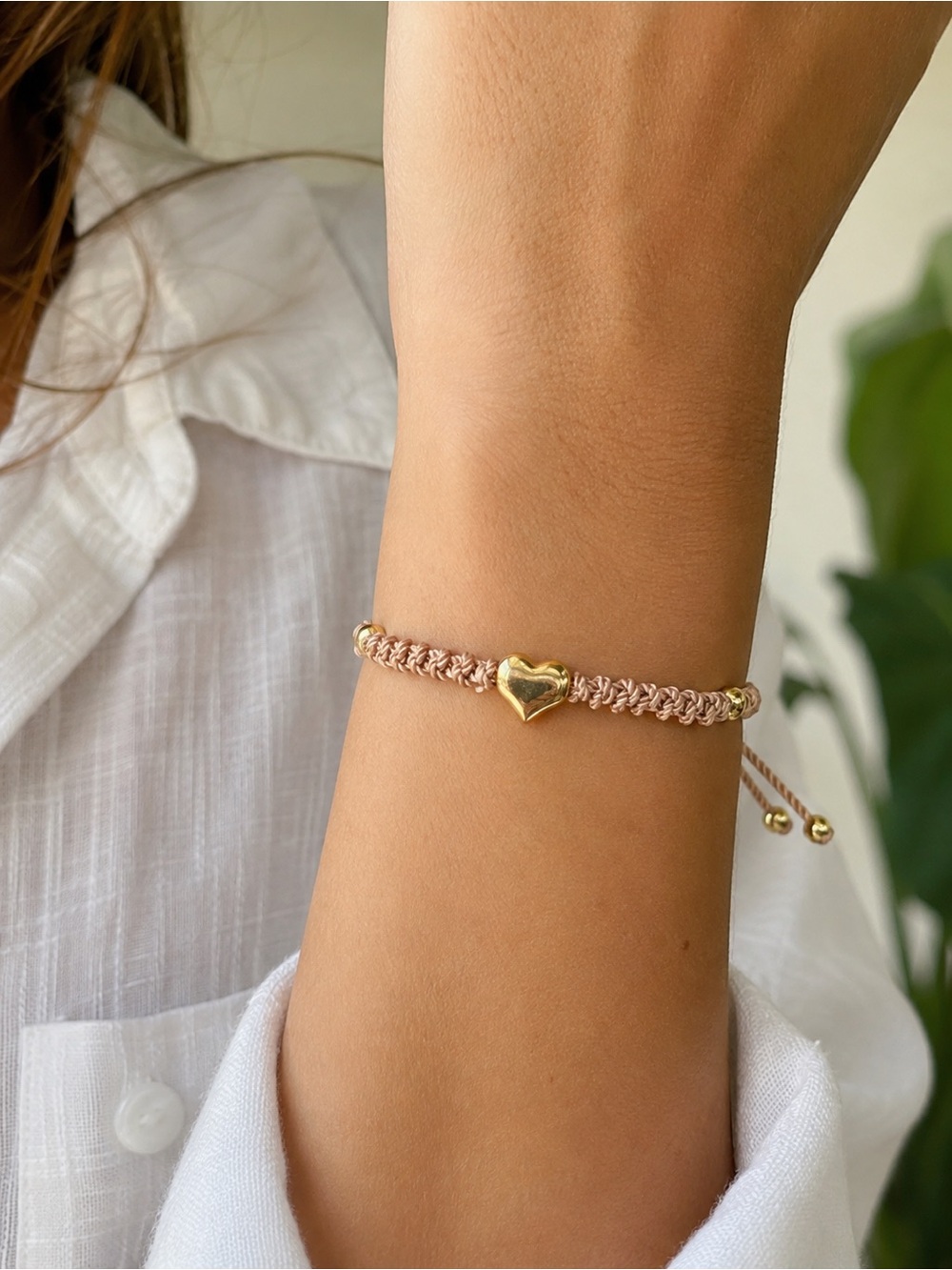 Handmade Tan Beige Macrame Stainless Steel Puffed Heart Adjustable Bracelet Boho